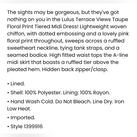 Lulus Terrace Views Taupe/ Pink Floral Print Tiered Midi w Tying Shoulder Straps - Picture 7 of 14